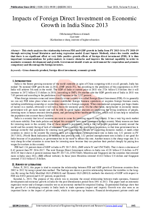 (PDF) Impacts of Foreign Direct Investment on Economic Growth in India ...