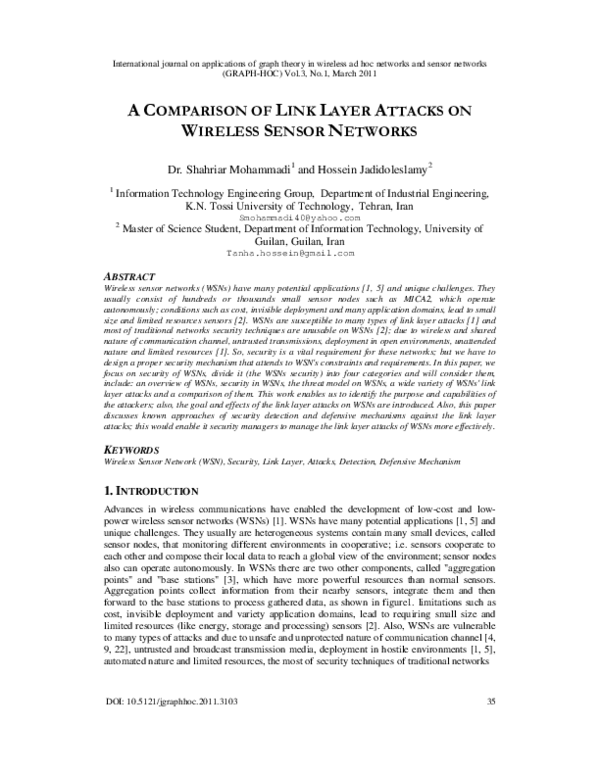 (PDF) A Comparison of Link Layer Attacks on Wireless Sensor Networks