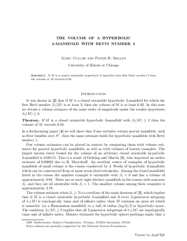 (PDF) The volume of a hyperbolic $3$-manifold with Betti number $2$