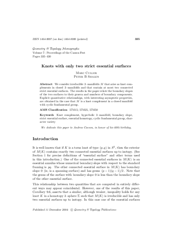 (PDF) Knots with only two strict essential surfaces