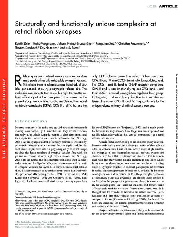 (PDF) Structurally and functionally unique complexins at retinal ribbon ...