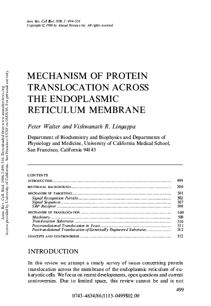(PDF) Mechanism of Protein Translocation Across the Endoplasmic ...