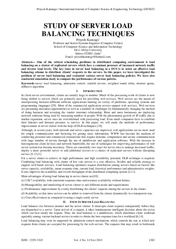 (PDF) Study of Server Load Balancing Techniques