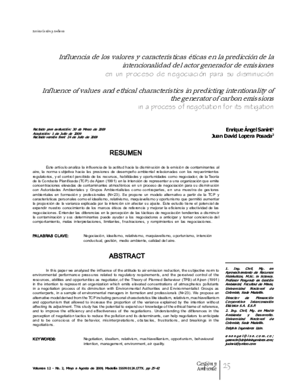 Influencia De Los Valores y Características Éticas en La Predicción De La Intencionalidad Del Actor Generador De Emisiones en Un Proceso De Negociación Para Su Disminución