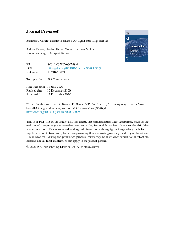 (PDF) Stationary wavelet transform based ECG signal denoising method