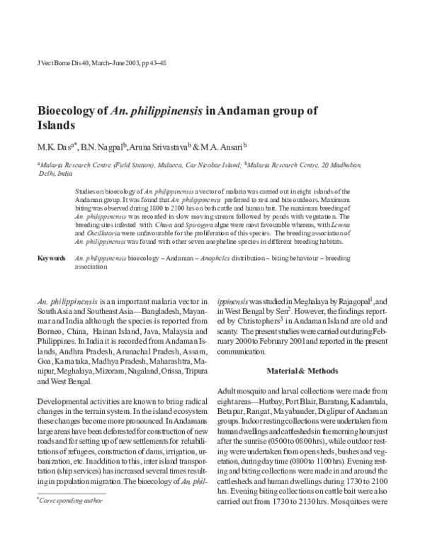 (PDF) Bioecology of An. philippinensis in Andaman group of islands