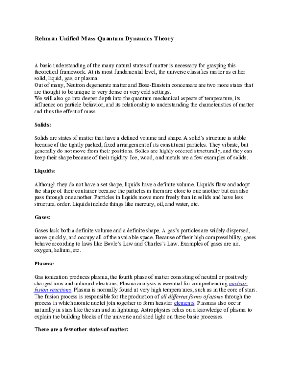 (DOC) Rehman Unified Mass Quantum Dynamics Theory