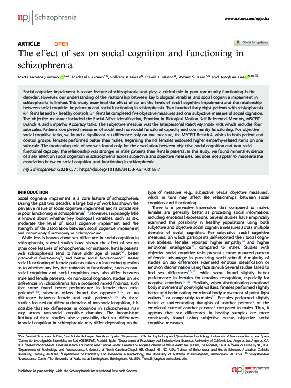 (PDF) The effect of sex on social cognition and functioning in ...