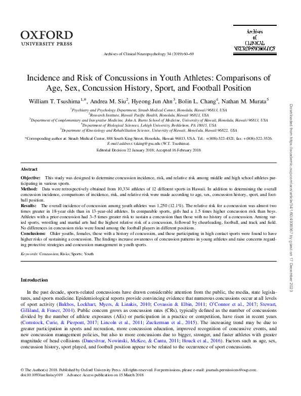(PDF) Incidence and Risk of Concussions in Youth Athletes: Comparisons ...
