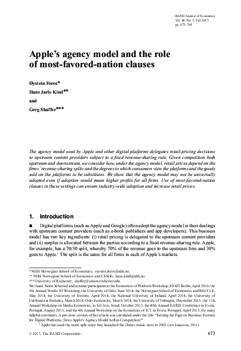 (PDF) Apple's agency model and the role of most‐favored‐nation clauses