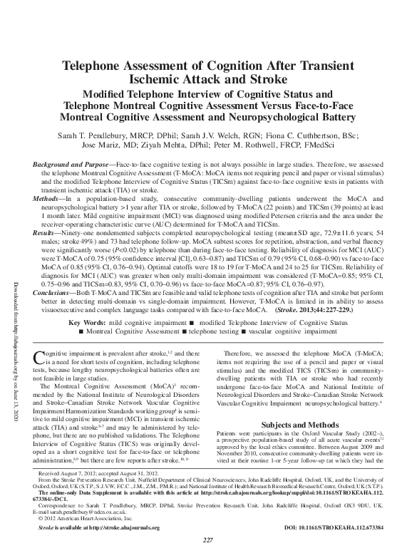 (PDF) Telephone Assessment of Cognition After Transient Ischemic Attack ...