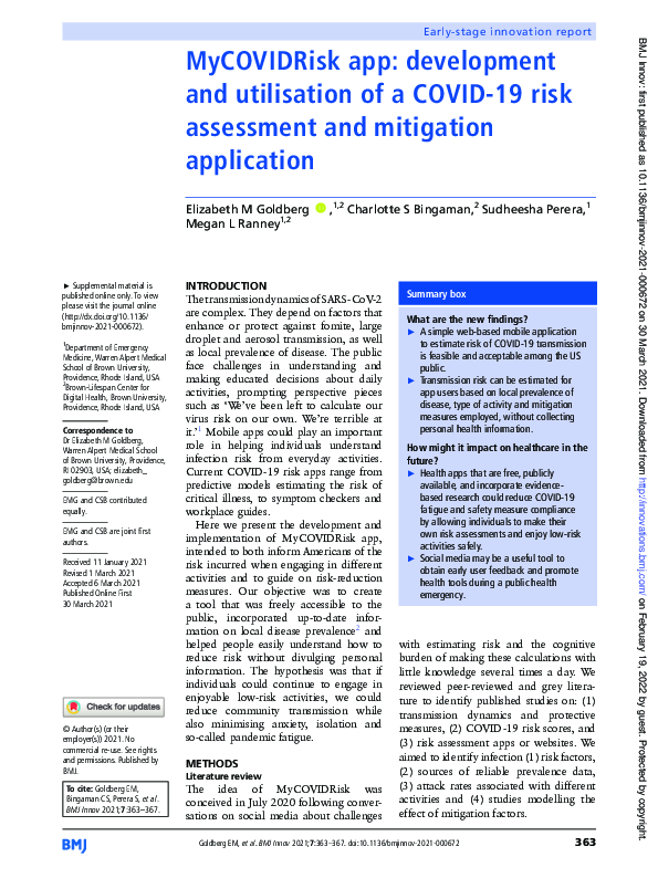(PDF) MyCOVIDRisk app: development and utilisation of a COVID-19 risk ...