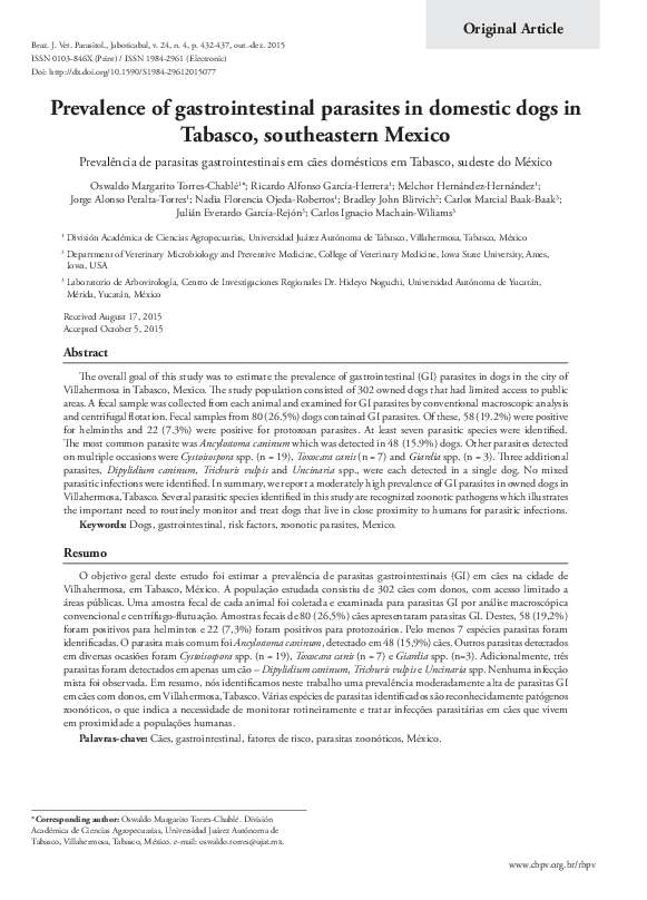 (PDF) Prevalence of gastrointestinal parasites in domestic dogs in ...