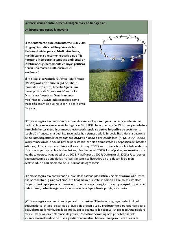(DOC) La coexistencia entre cultivos transgenicos y no transgénicos. Un