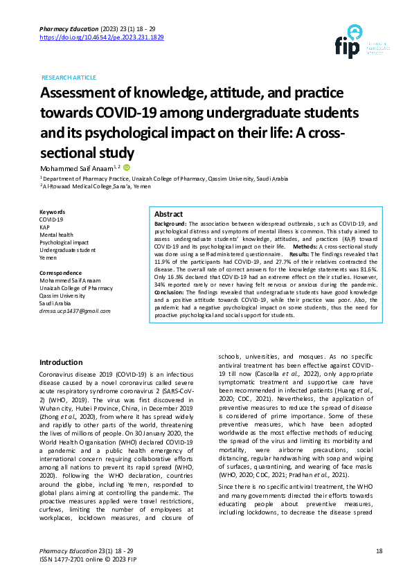 (PDF) Assessment of knowledge, attitude, and practice towards COVID-19 ...