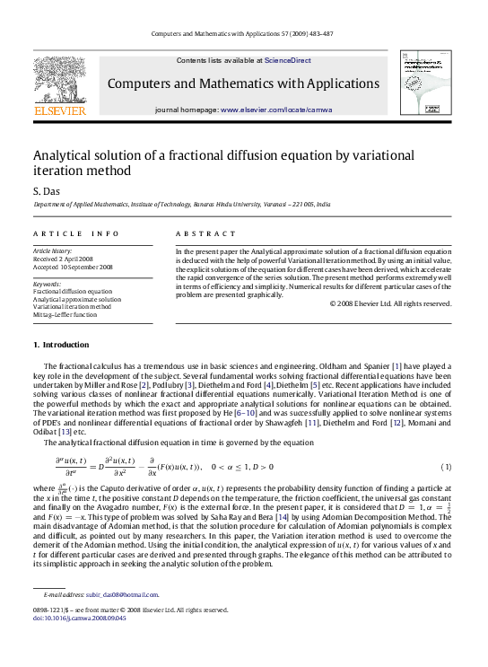 (PDF) An Analytical Solution of Fractional Diffusion Equations using ...