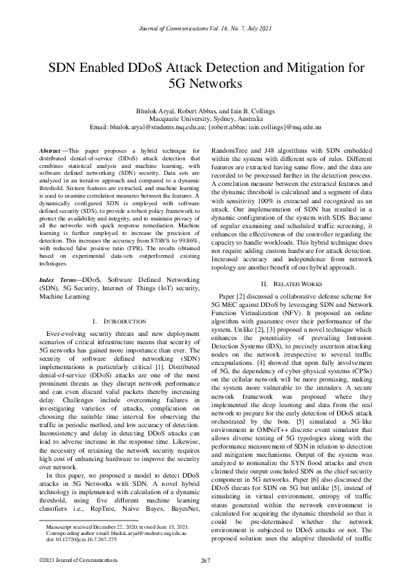(PDF) SDN Enabled DDoS Attack Detection and Mitigation for 5G Networks