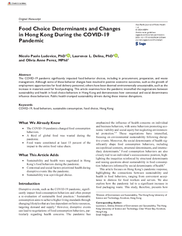 (PDF) Food Choice Determinants and Changes in Hong Kong During the ...