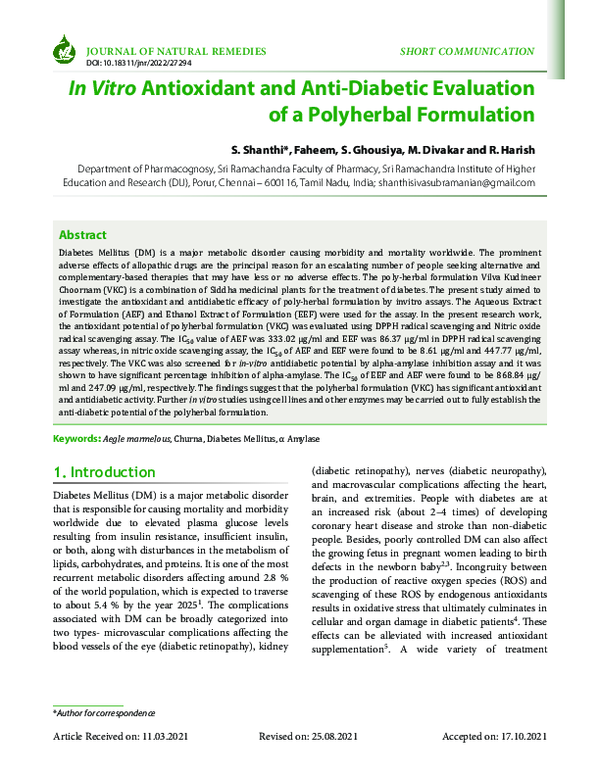 (PDF) In Vitro Antioxidant and Anti-Diabetic Evaluation of a Polyherbal ...