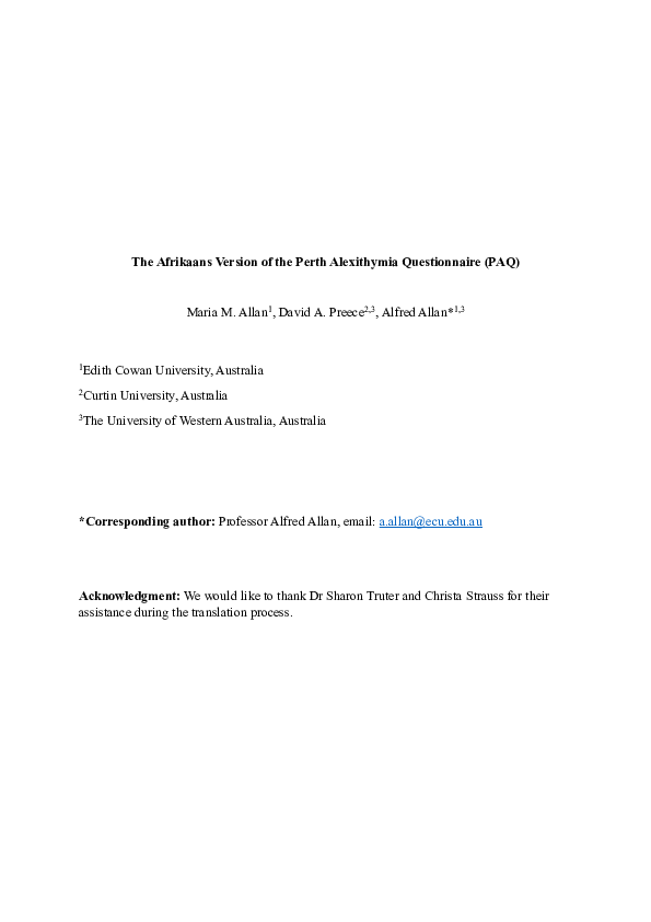 (PDF) The Afrikaans Version of the Perth Alexithymia Questionnaire (PAQ)