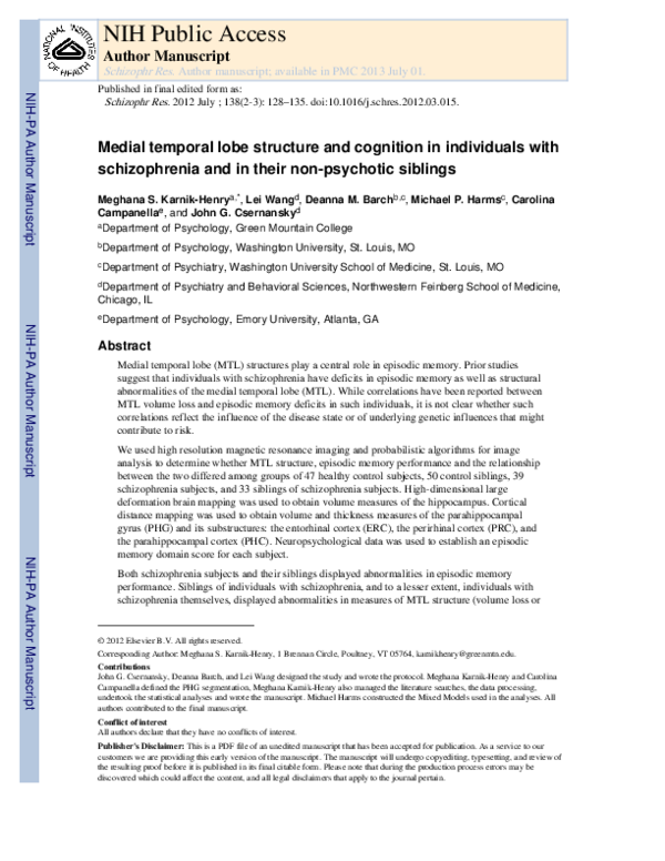 (PDF) Medial temporal lobe structure and cognition in individuals with ...