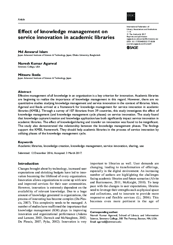 (PDF) Effect of knowledge management on service innovation in academic ...