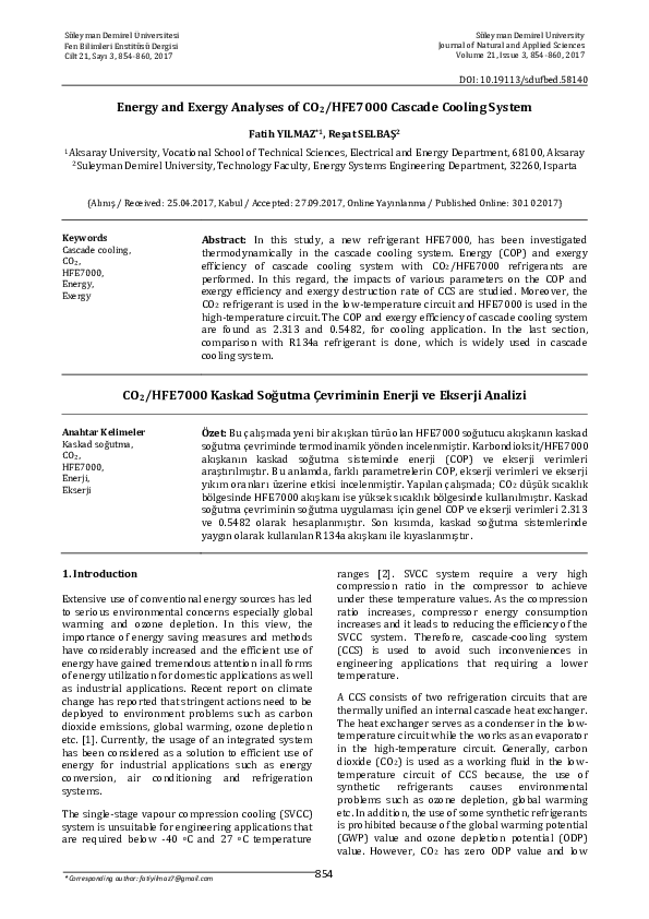 (PDF) Energy and Exergy Analyses of CO2/HFE7000 Cascade Cooling System