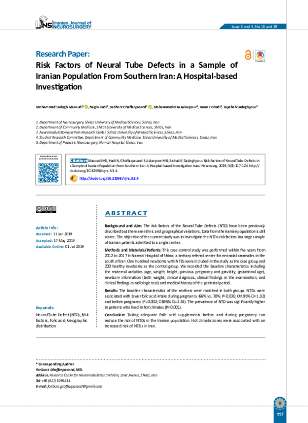 (PDF) Risk Factors of Neural Tube Defects in a Sample of Iranian ...