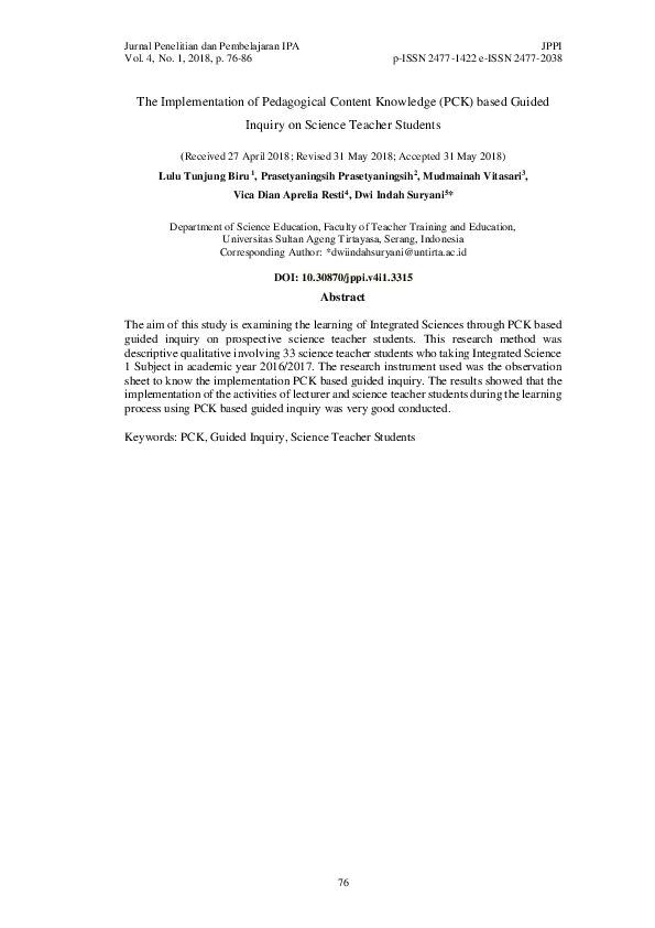 (PDF) The Implementation of Pedagogical Content Knowledge (PCK) based ...