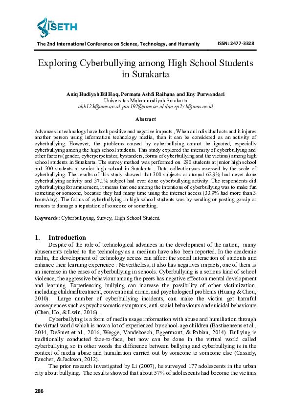 (PDF) Exploring Cyberbullying among High School Students in Surakarta