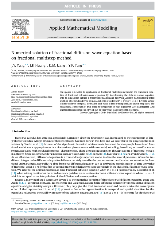 (PDF) Numerical solution of fractional diffusion-wave equation based on ...