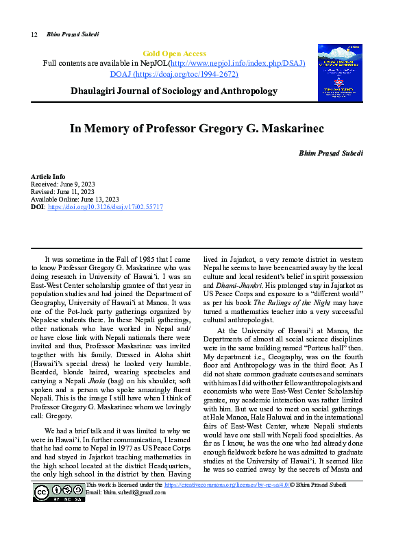 (PDF) In Memory of Professor Gregory G. Maskarinec