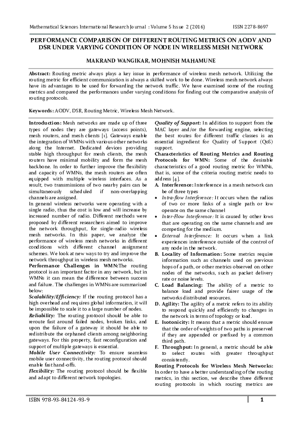 (PDF) PERFORMANCE COMPARISON OF DIFFERENT ROUTING METRICS ON AODV AND ...