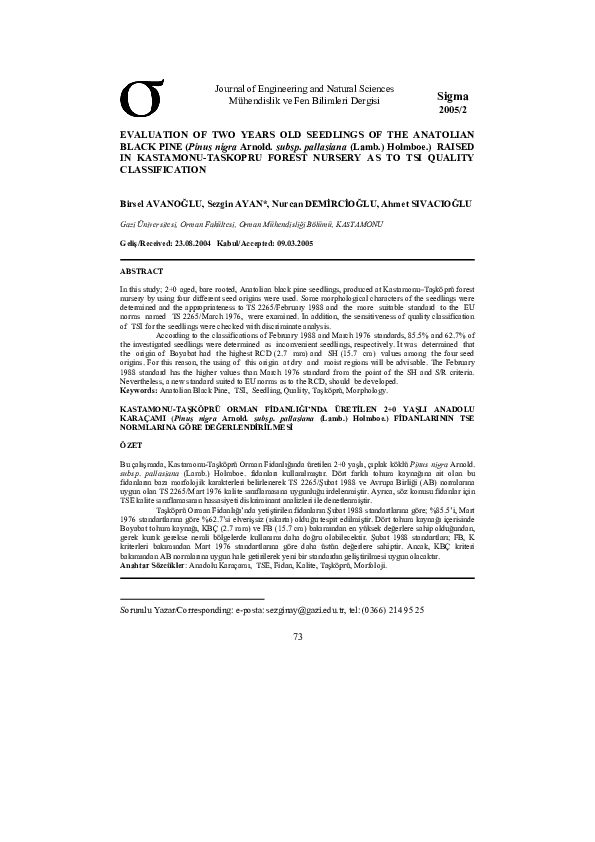 First page of “Evaluation of two years old seedlings of the anatolian black pine (Pinus nigra Arnold. subsp. pallasiana (Lamb.) Holmboe.) Raised in kastamonu-taskopru forest nursery as to TSI quality classification”