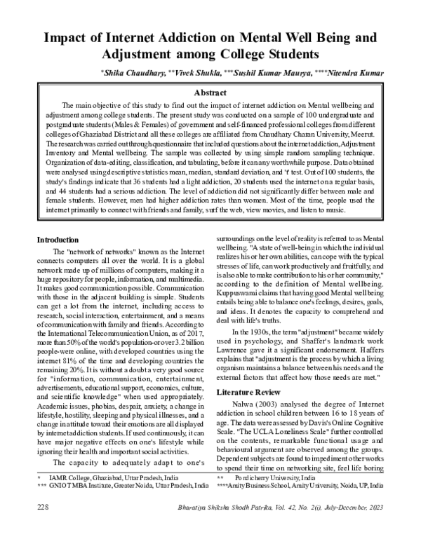 (PDF) Impact of Internet Addiction on Mental Well Being