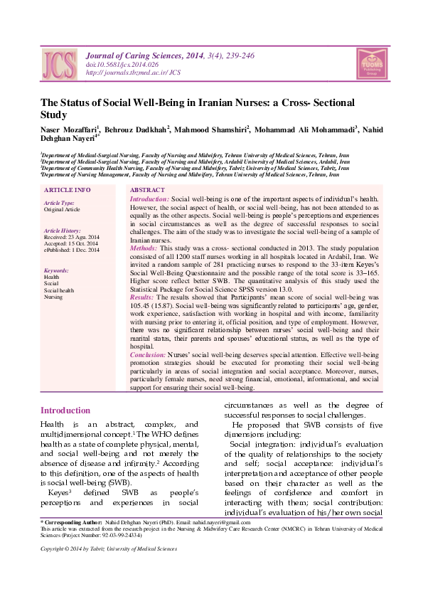 (PDF) The status of social well-being in Iranian nurses: a cross ...