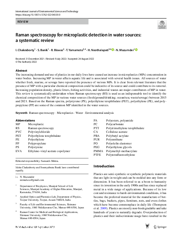 (PDF) Raman spectroscopy for microplastic detection in water sources: a ...