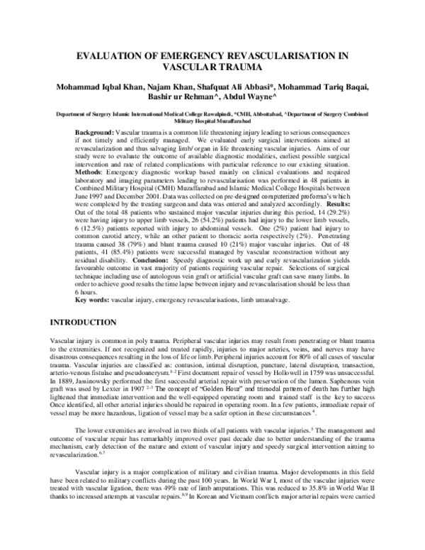 (PDF) Evaluation of emergency revascularisation in vascular trauma