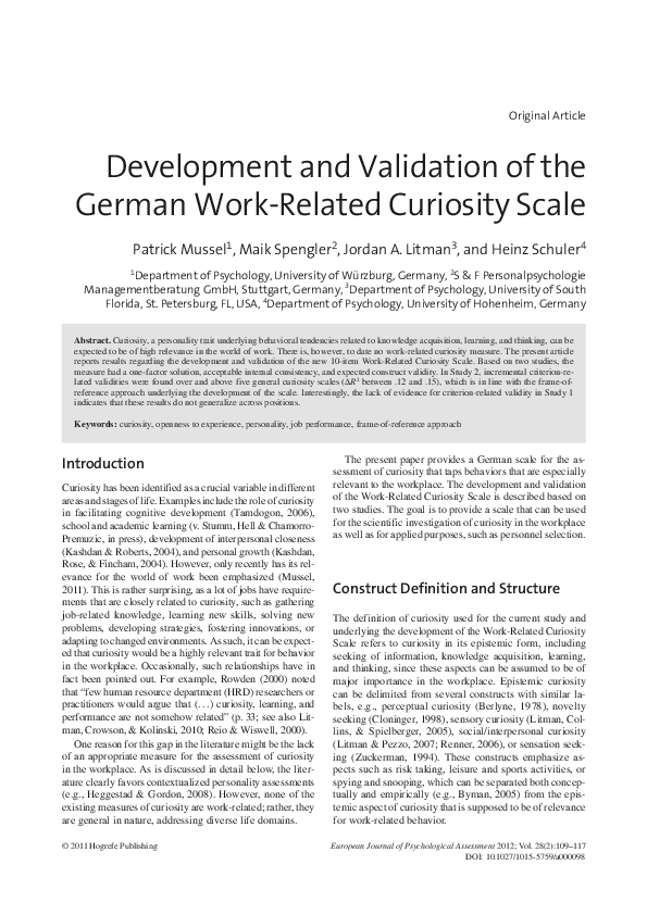(PDF) Development and Validation of the German Work-Related Curiosity Scale
