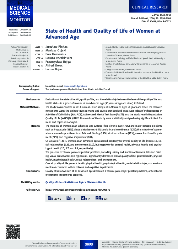 (PDF) State of Health and Quality of Life of Women at Advanced Age
