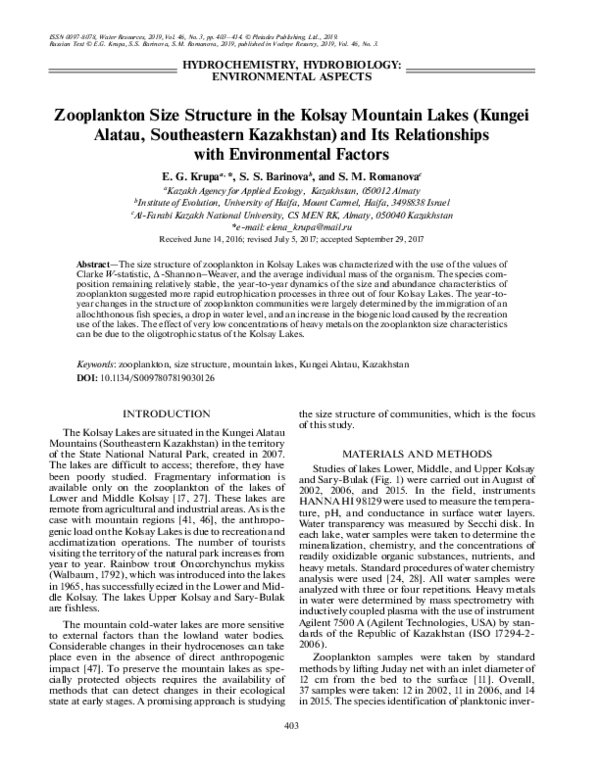 (PDF) Zooplankton Size Structure in the Kolsay Mountain Lakes (Kungei ...