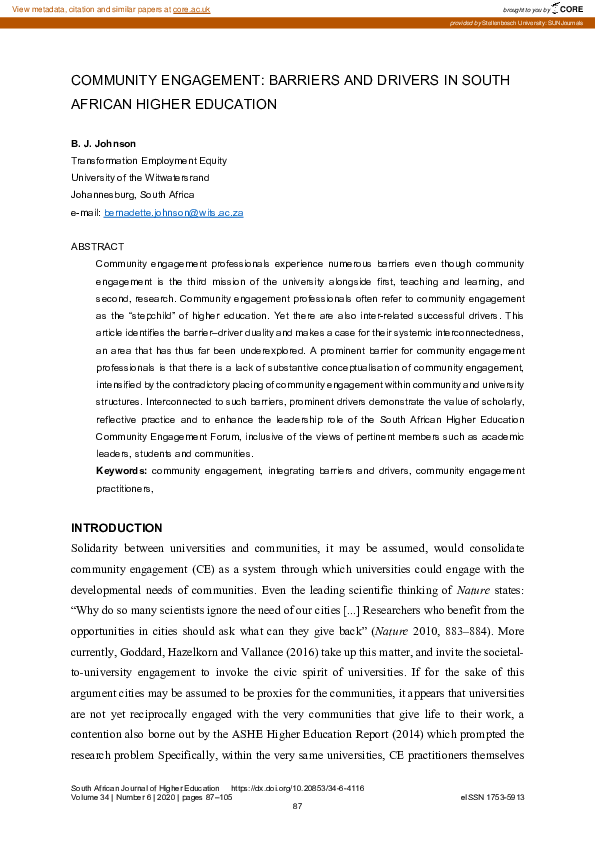 (PDF) Community engagement: Barriers and drivers in South African ...