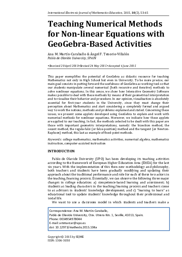 (PDF) Teaching Numerical Methods for Non-linear Equations with GeoGebra ...