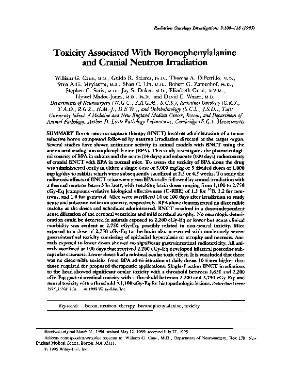 Toxicity associated with boronophenylalanine and cranial neutron irradiation