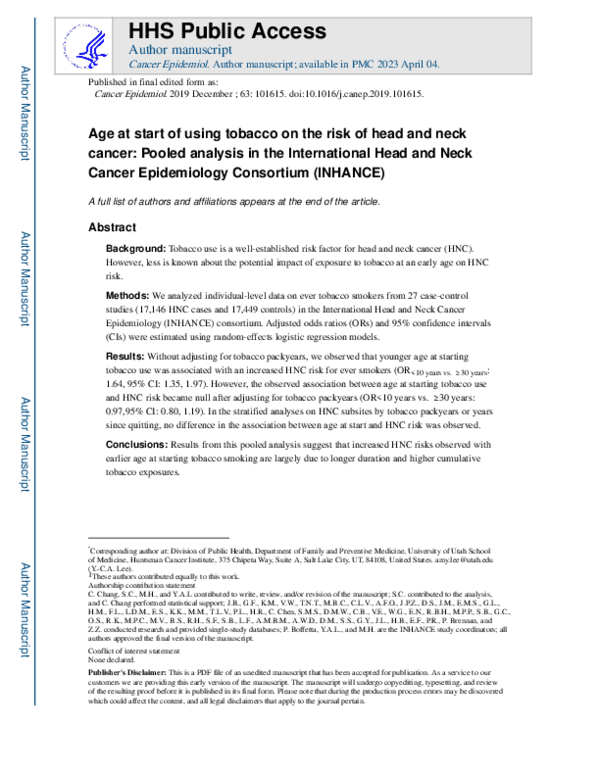 (PDF) Age at start of using tobacco on the risk of head and neck cancer ...