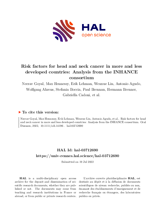 (PDF) Risk factors for head and neck cancer in more and less developed ...
