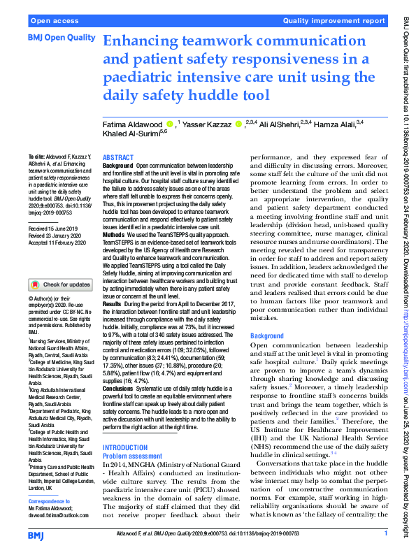 (PDF) Enhancing teamwork communication and patient safety ...