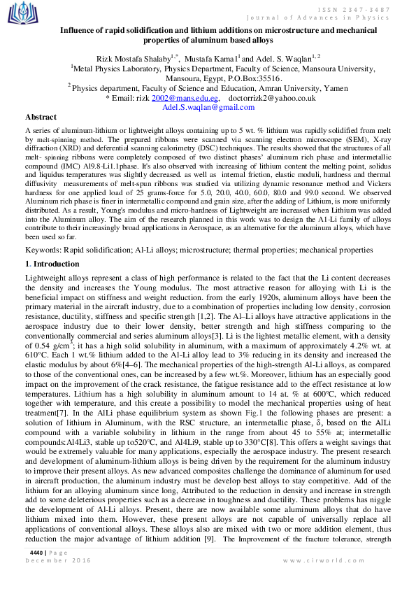 (PDF) Influence of rapid solidification and lithium additions on ...