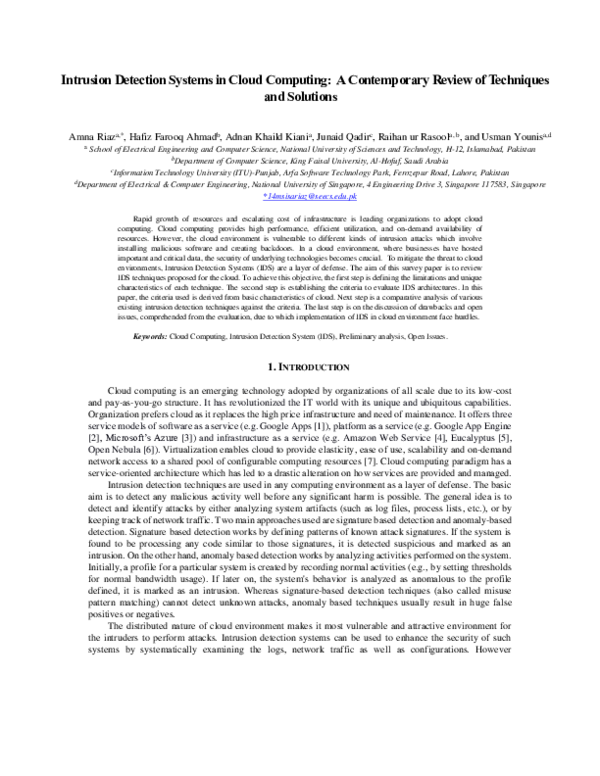 (PDF) Intrusion Detection Systems in Cloud Computing: A Contemporary ...