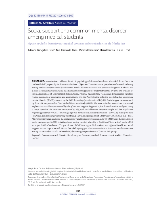 (PDF) Social support and common mental disorder among medical students